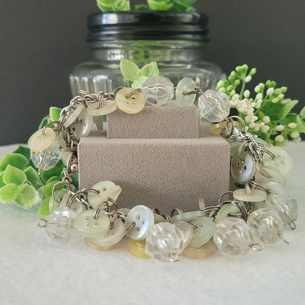 Artisan Button Charm Bracelet Clear Bead Silver Tone Assemblage 9 Inch